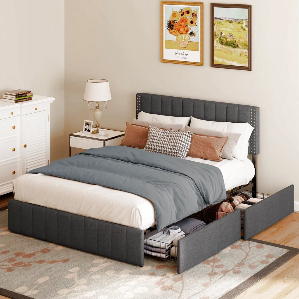 Full Bed Frame with 4 Drawers and Adjustable Headboard Dark Grey G4027