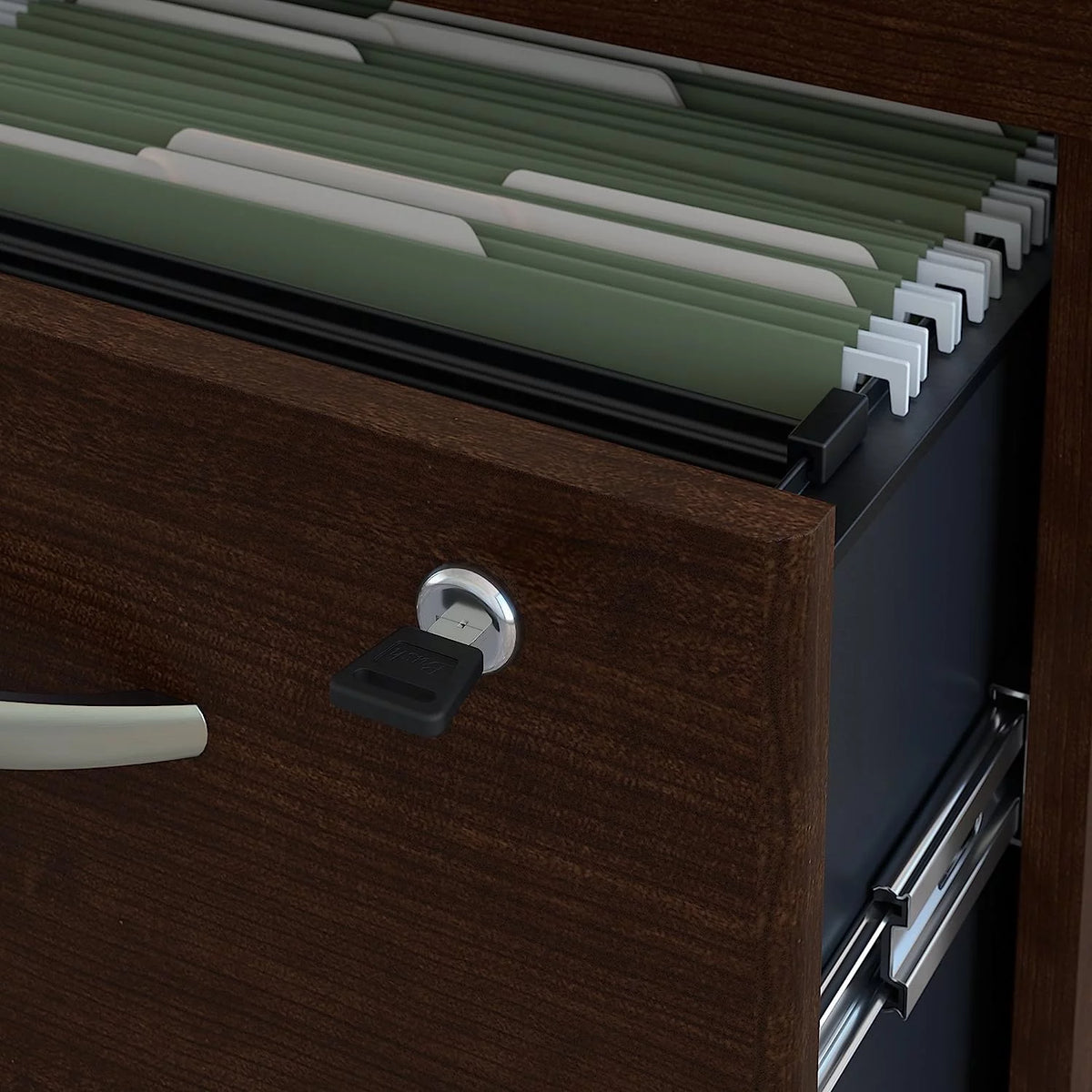 72W Corner Desk with 48W Return and Mobile File Cabinet in Mocha Cherry J84001