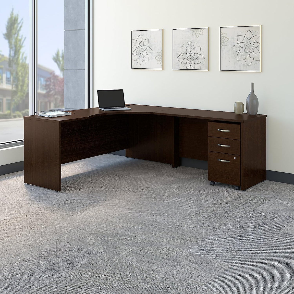 72W Corner Desk with 48W Return and Mobile File Cabinet in Mocha Cherry J84001