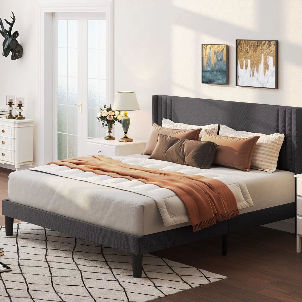 Full Bed Frame with 4 Drawers and Adjustable Headboard Dark Grey G4027