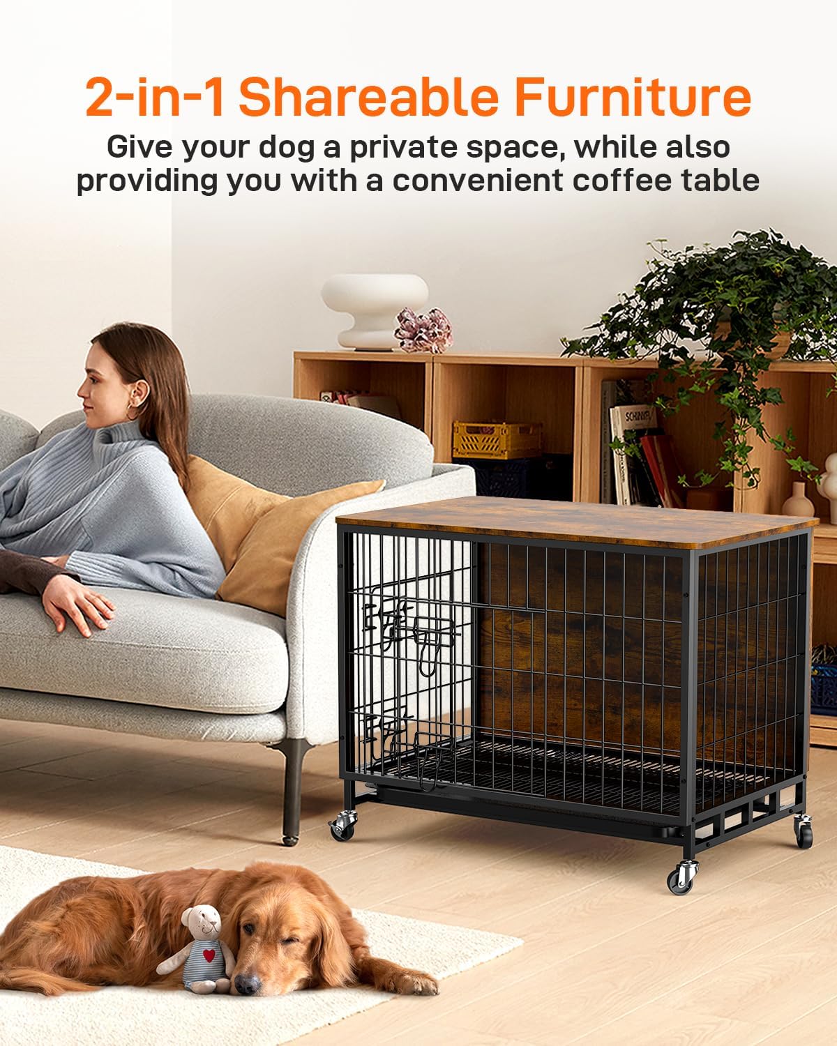 Brown Wooden Dog Crate with Removable Tray and Wheels O879950