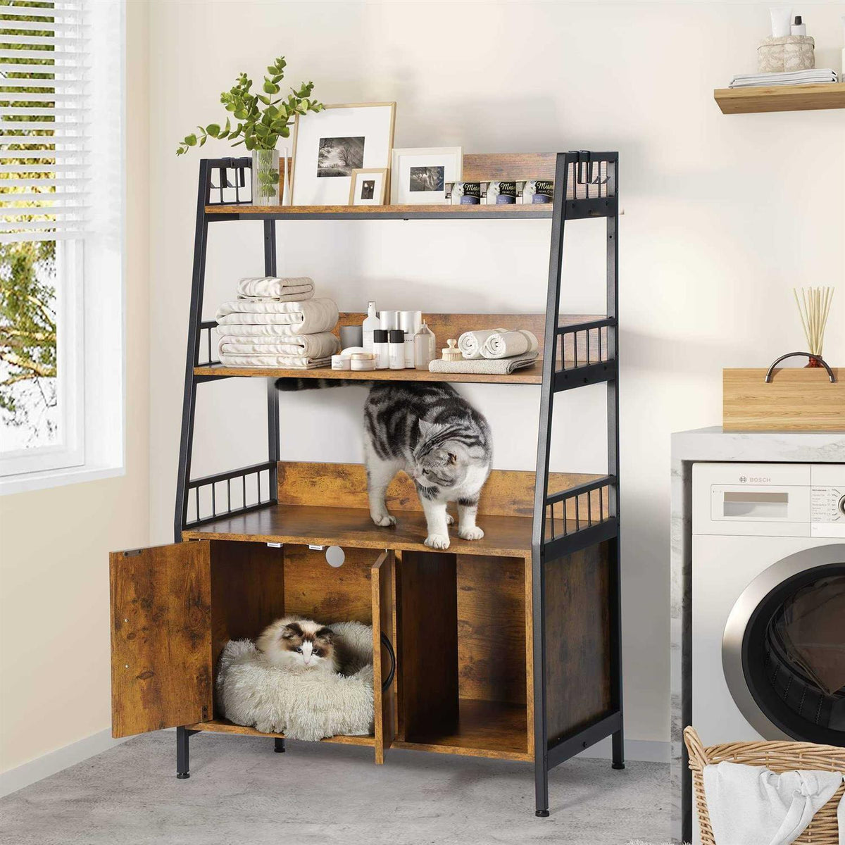 Cat Litter Box Enclosure with Storage Shelves Wooden Large Litter Box Furniture Q428