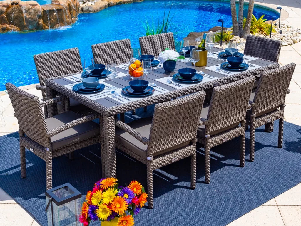 9-Piece Resin Wicker Outdoor Patio Dining Table Set with 8 Cushioned Chairs M444158