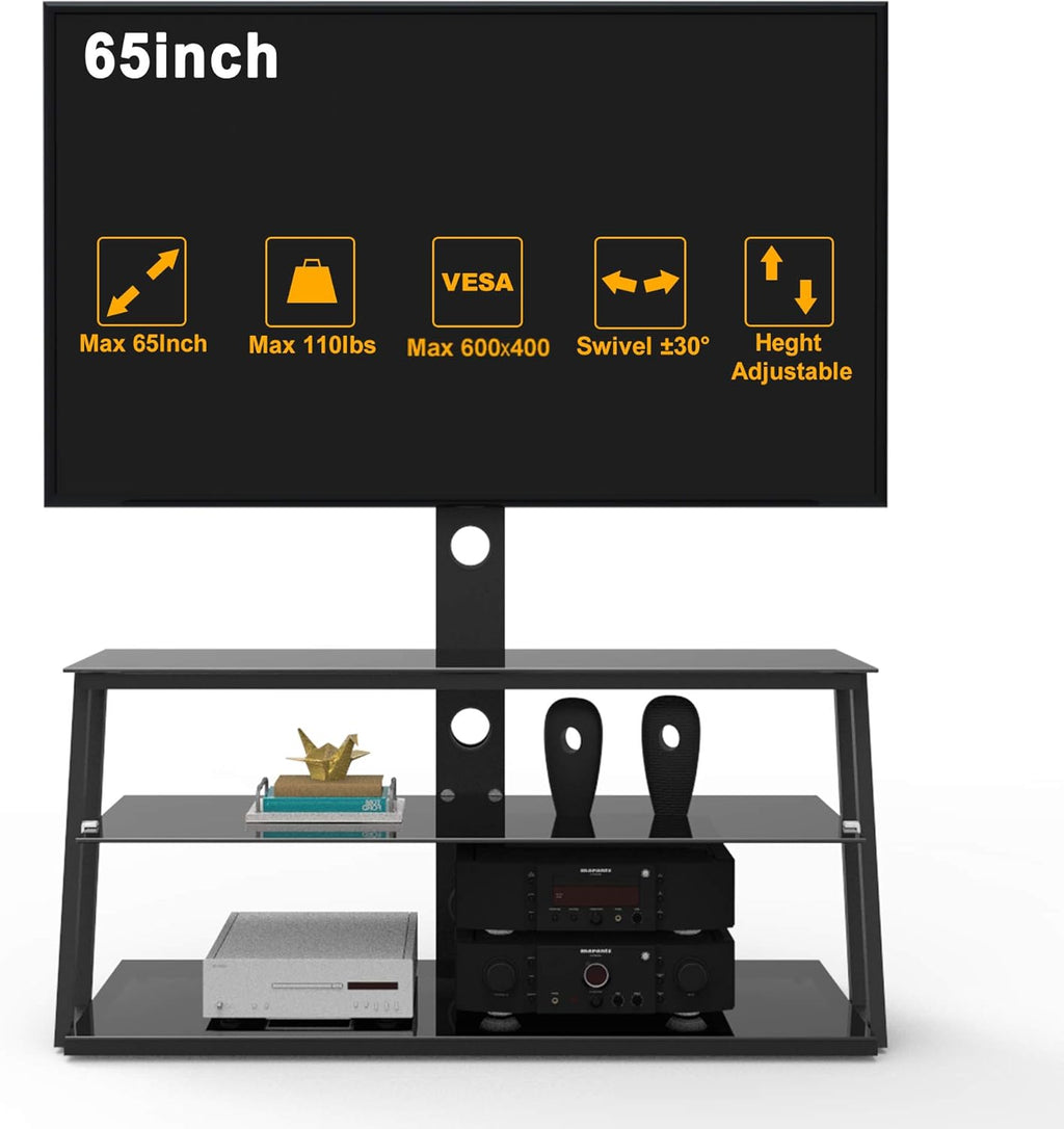 Swivel Floor TV Stand with Adjustable Tempered Wooden Shelves B789