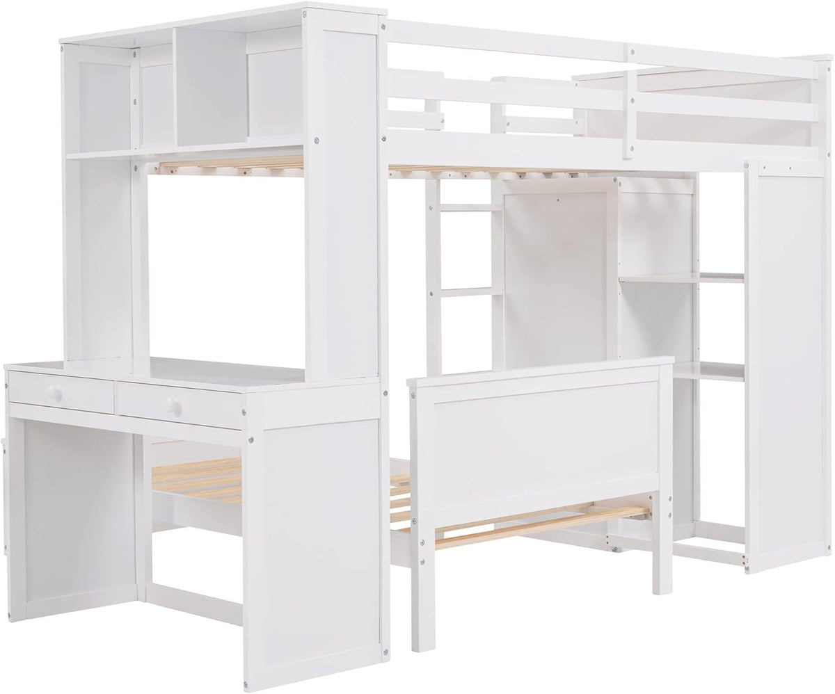 White Twin Wooden Bunk Loft Bed with Shelves Desk and Wardrobe D587