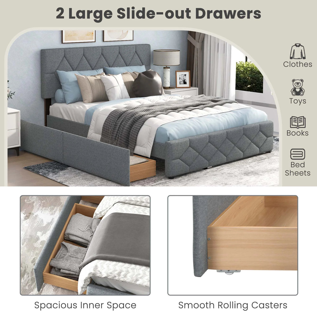 Queen Upholstered Platform Bed with Twin XL Trundle and 2 Drawers N2195