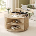 Round Lift Top Coffee Table with Hidden Storage and Open Shelves, Oak T41419