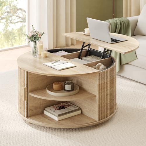Round Lift Top Coffee Table with Hidden Storage and Open Shelves, Oak T41419