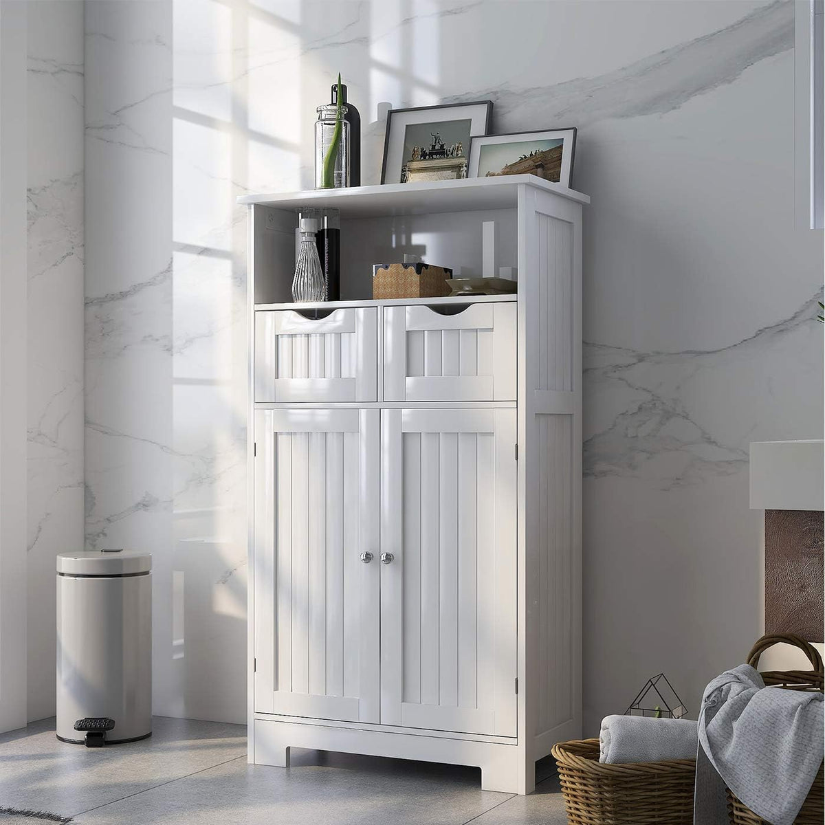 White Freestanding 2 Doors 2 Drawers Wood Bathroom Floor Cabinet E217406