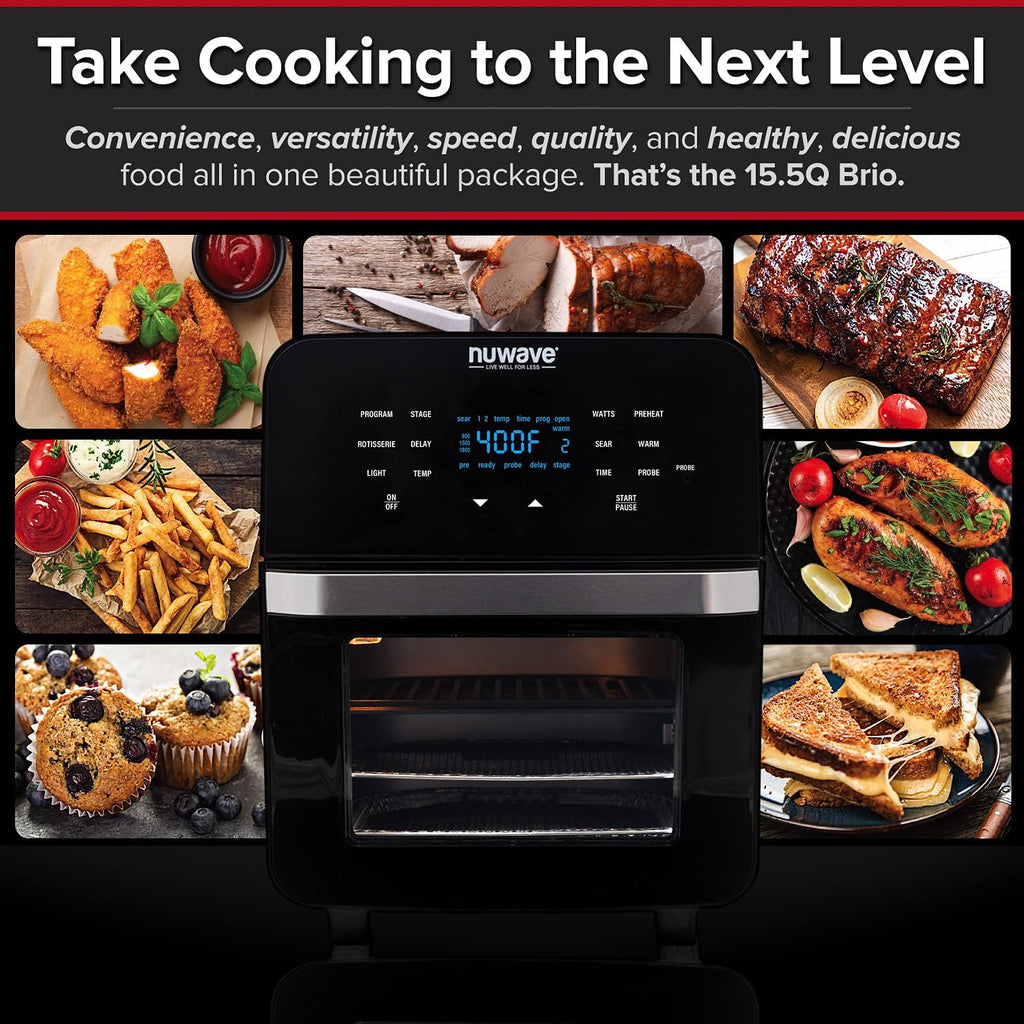 Brio Air Fryer Smart Oven, 15.5-Qt X-Large Family Size, Countertop Convection Rotisserie Grill Combo, 4 Rack Positions, 50°-425°F Temperature Controls in 5° Increments, Linear Thermal Technology and Integrated Temperature Probe Y83723