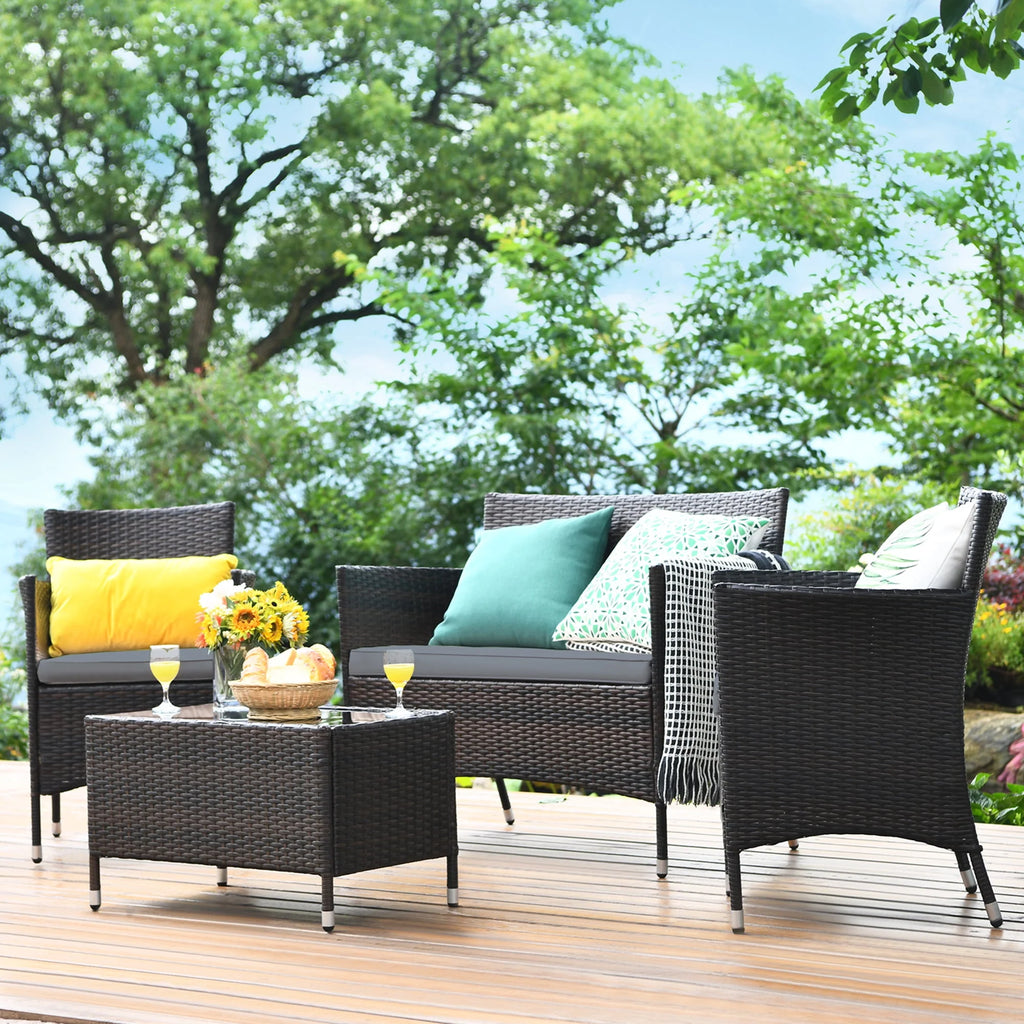 4 Pc Turquoise Cushioned Patio Rattan Conversation Furniture Set M945796
