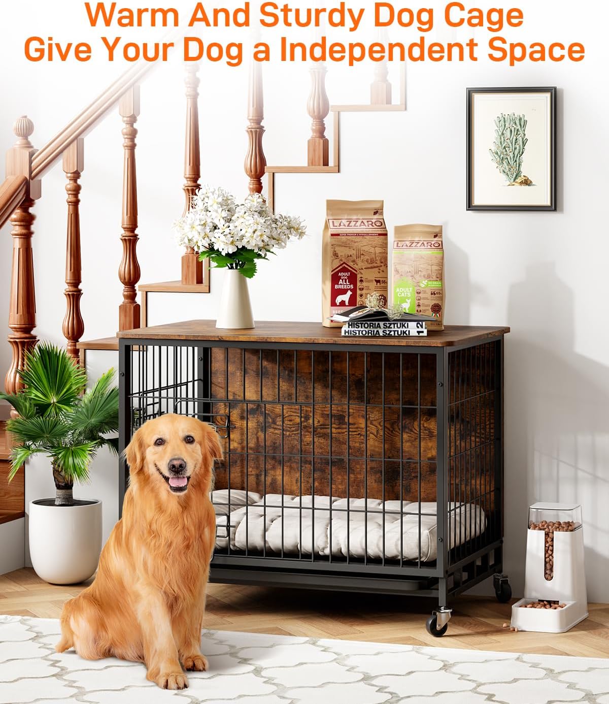Brown Wooden Dog Crate with Removable Tray and Wheels O879950