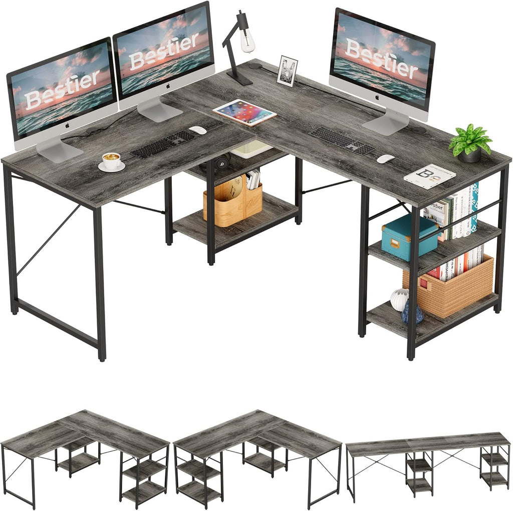 95.2 Inch Reversible L Shaped Desk with Shelves Grey Oak N61178