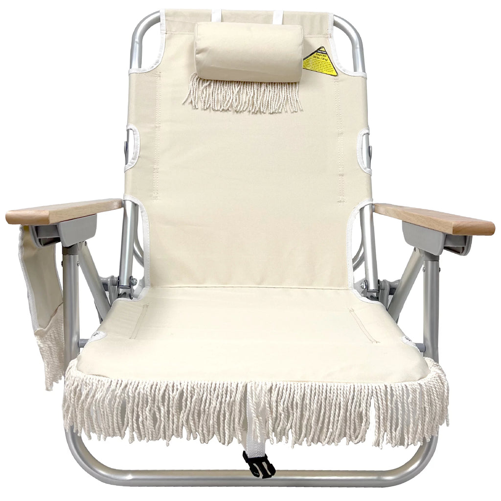 Tassel Backpack Beach Chair 5 Positions Cup Holder Padded Pillow Lightweight Rustproof Aluminum Black Frame 1 Pack TAN H9020