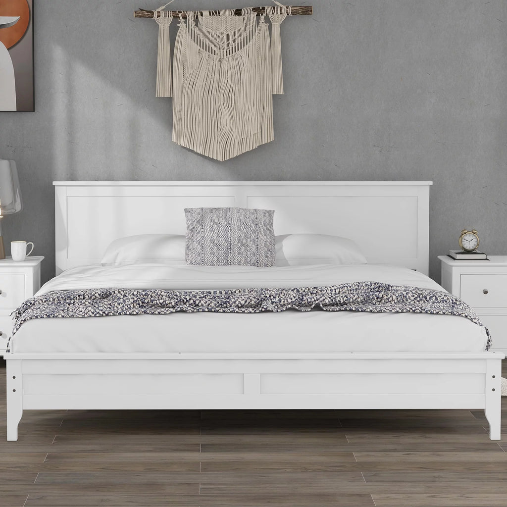 White Solid Wood King Platform Bed J73397
