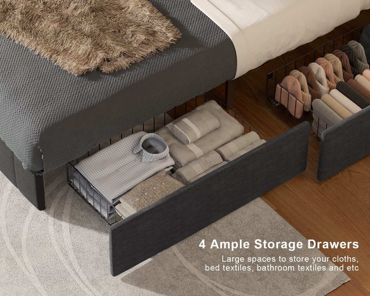 Full Bed Frame with 4 Drawers and Adjustable Headboard Dark Grey G4027