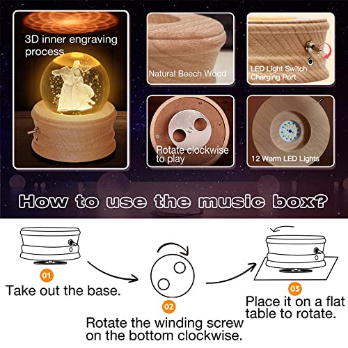 3D Crystal Ball Music Box with LED Light and Rotating Wooden Base X2745