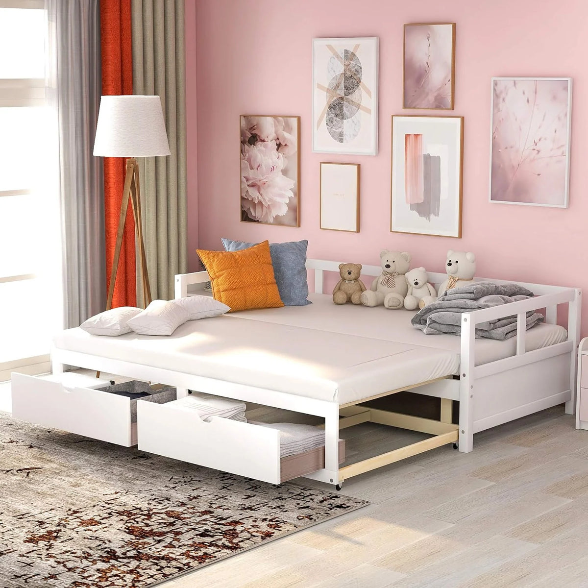 White Wooden Daybed with Trundle and 2 Storage Drawers W807577