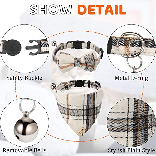 4 Pieces Breakaway Cat Collar Bandana with Plaid Scarf and Bowtie Bell H257
