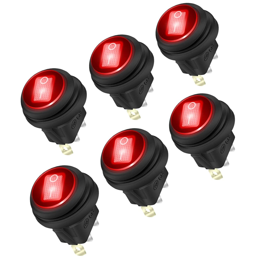 6Pcs LED Rocker Switch 12V 20A 3pin 2 Position Spst Waterproof Toggle Switch with 20mm/0.8Mounting Hole，On Off Switch for Marine Cars Ships Trucks(Red) R2565