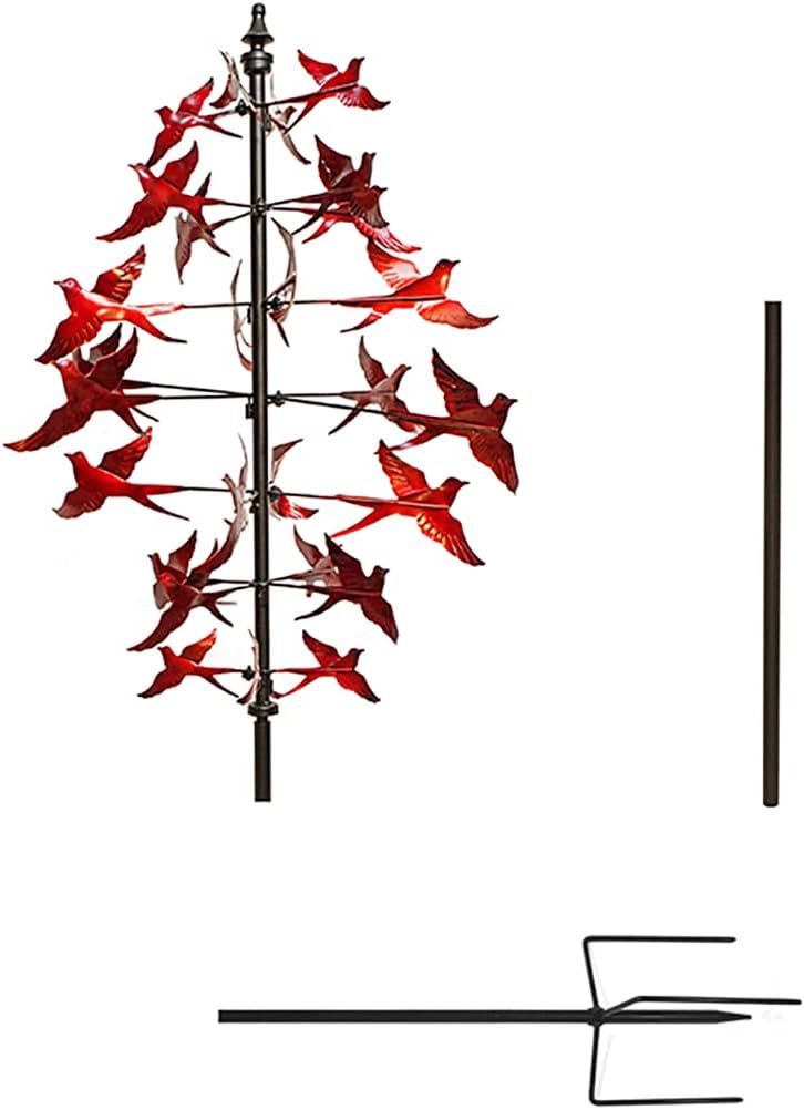 Large Red Cardinal Metal Wind Spinner 3D Bird Sculpture Kinetic Garden Yard Art O8590