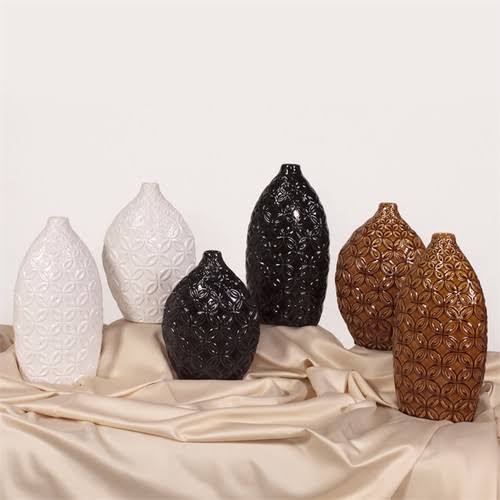 Set of 2 Glossy Mocha Brown Floral Textured Ceramic Vases N96969