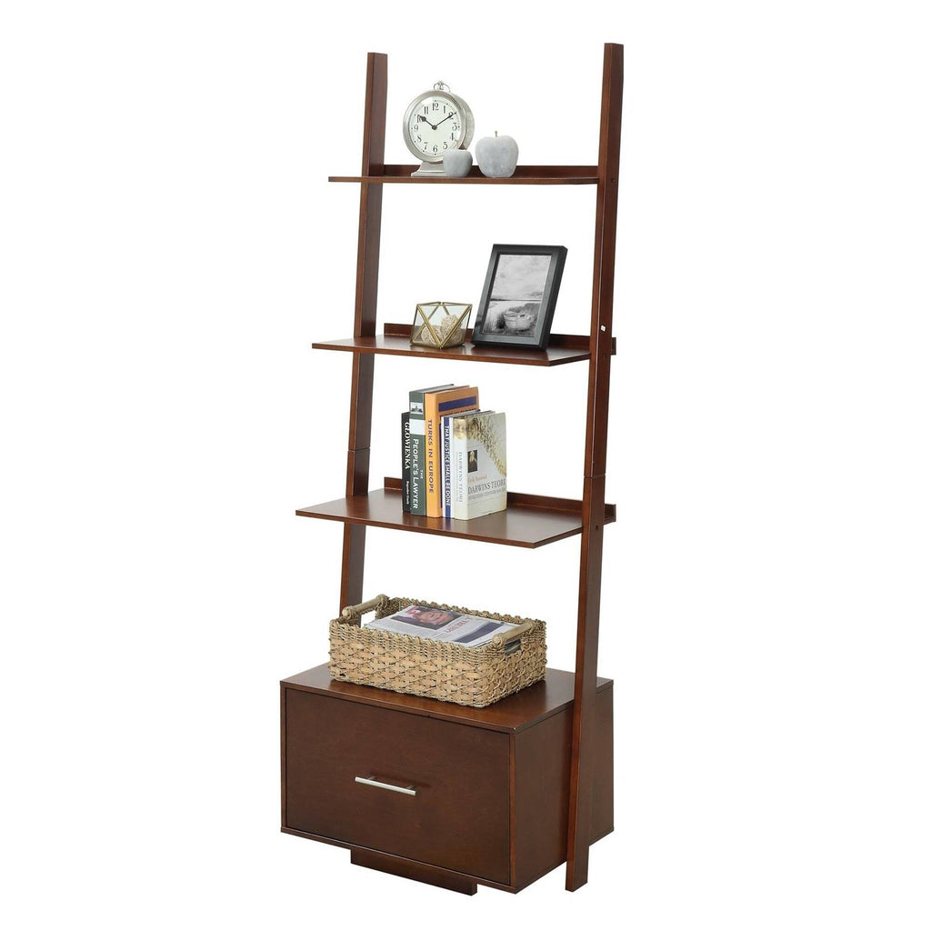 Dark Walnut Ladder Bookcase with File Drawer Q8120