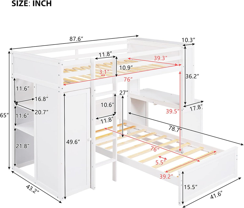 White Twin Wooden Bunk Loft Bed with Shelves Desk and Wardrobe D587