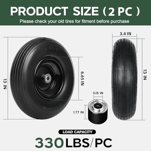 13 Inch Solid Flat Free Replacement Tires and Wheels 4.00-6 with 5/8'' Axle Bore Hole Q90949