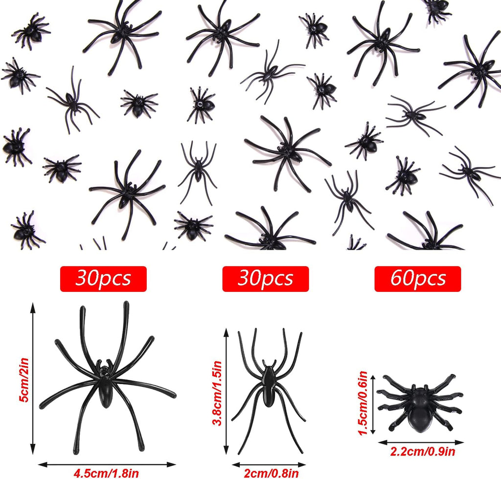 120 Pieces Black Plastic Spiders 3 Sizes P405