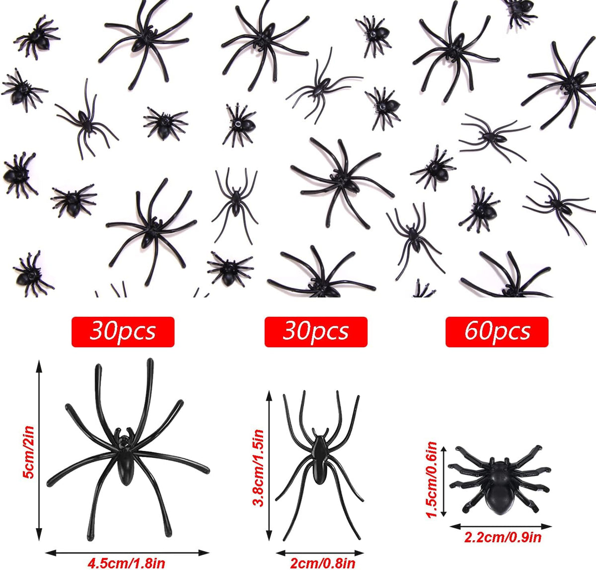120 Pieces Black Plastic Spiders 3 Sizes P405