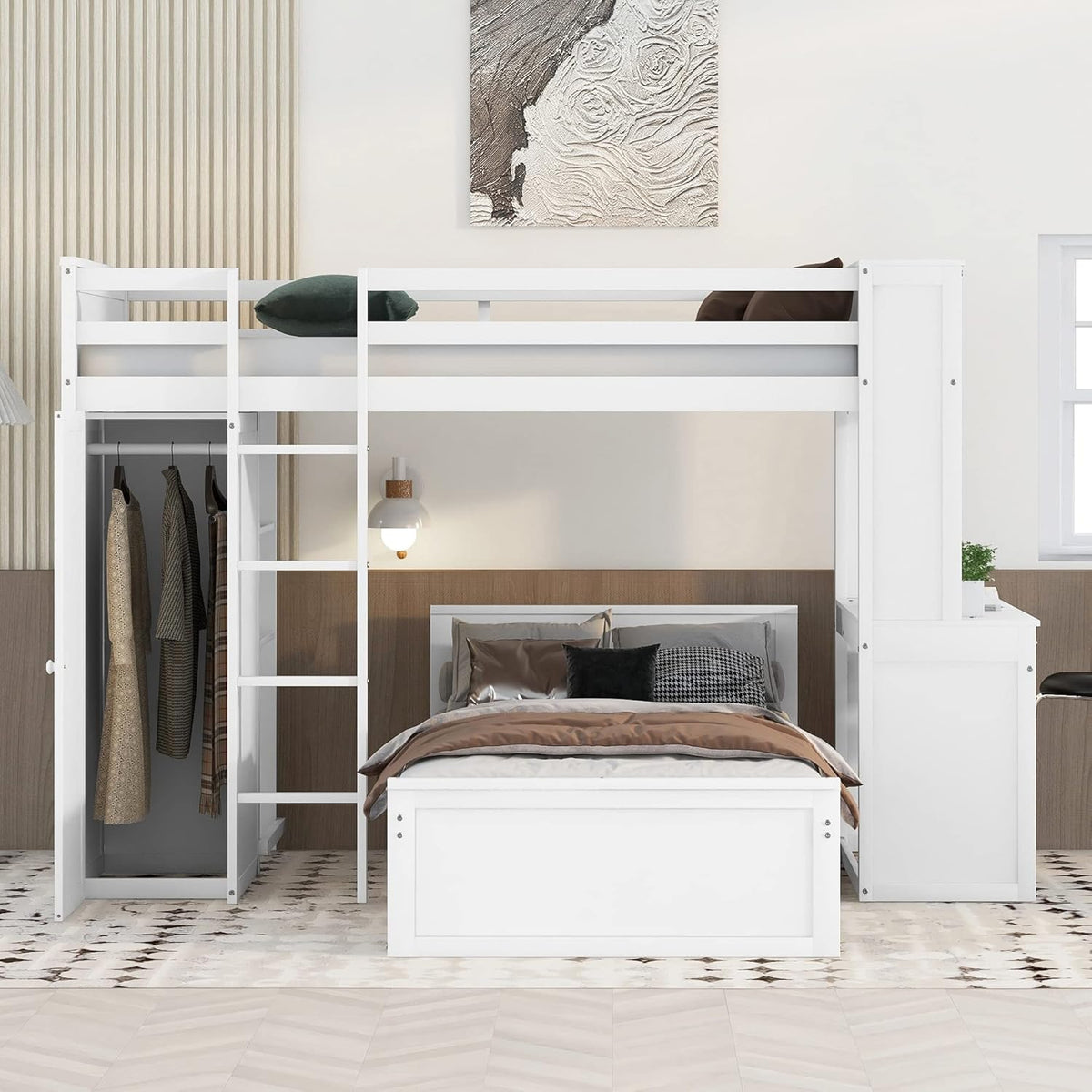 White Twin Wooden Bunk Loft Bed with Shelves Desk and Wardrobe D587