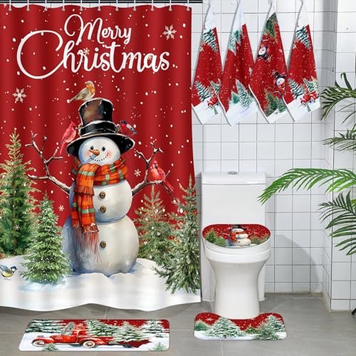 7 Pcs Christmas Shower Curtain Set Non Slip Waterproof Bathroom Accessories L6600
