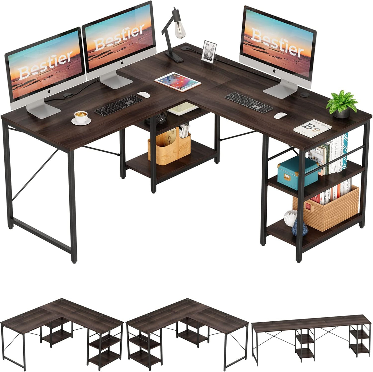 95.2 Inch Reversible L Shaped Desk with Shelves Grey Oak N61178