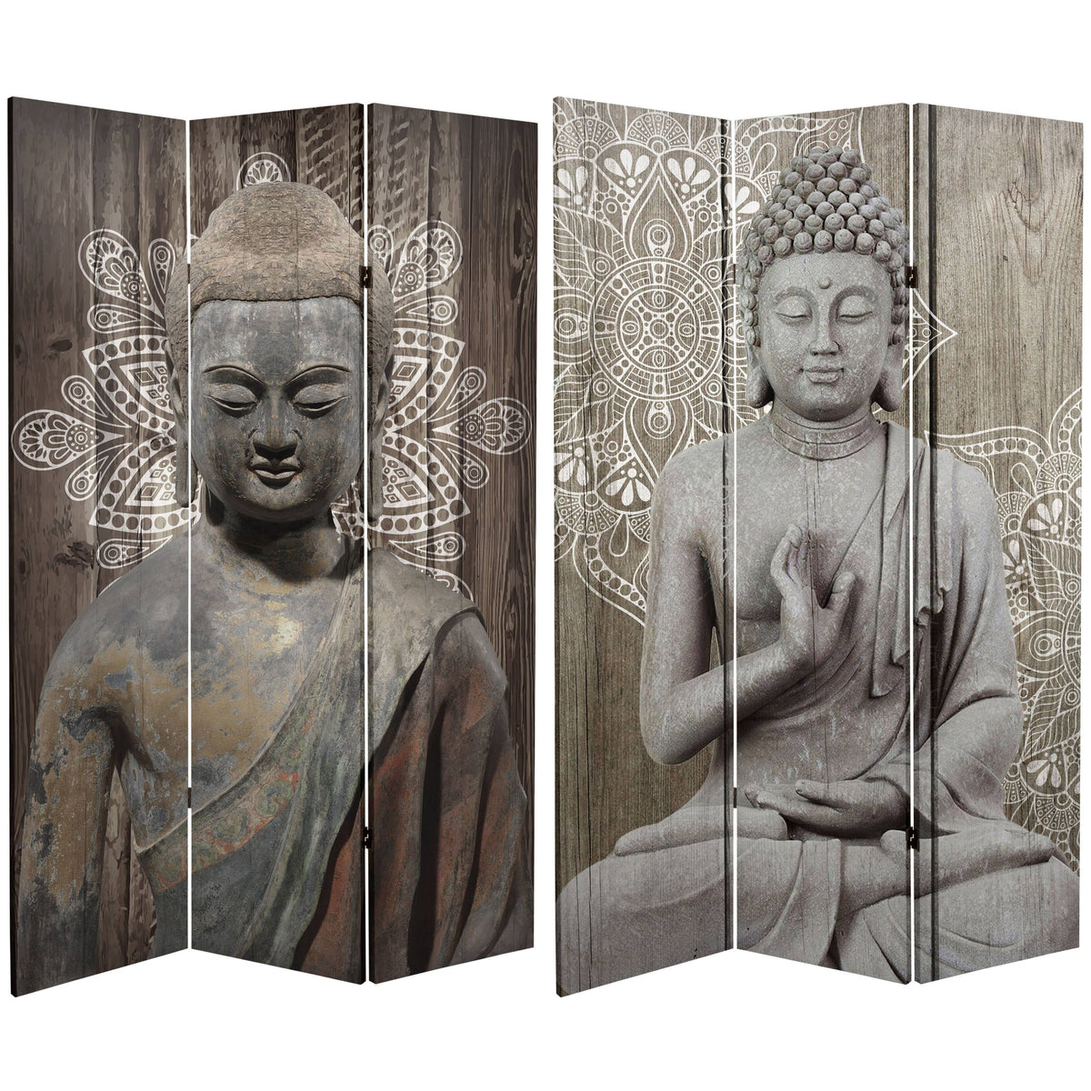 6 ft. Tall Double Sided Stone Buddha Canvas Room Divider E828227