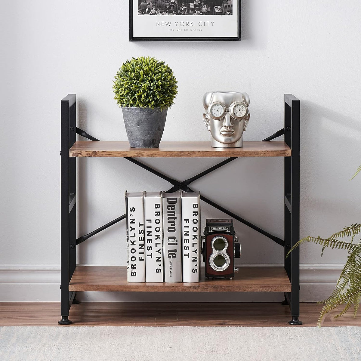 2 Tier Rustic Brown Bookshelf with Metal Frame Y245