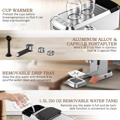 Compact Stainless Steel Espresso Machine with 50oz Water Tank C863