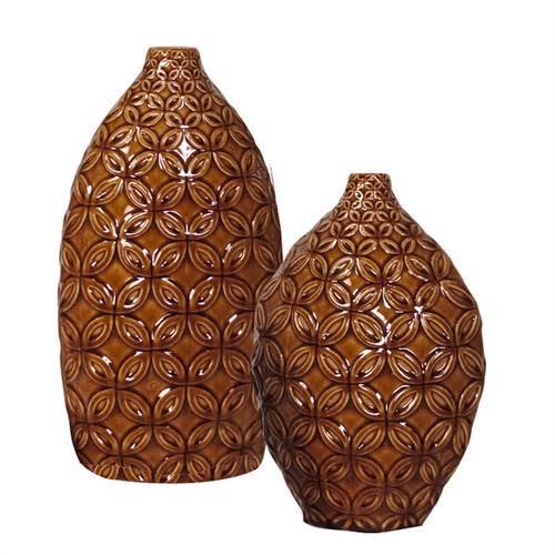 Set of 2 Glossy Mocha Brown Floral Textured Ceramic Vases N96969
