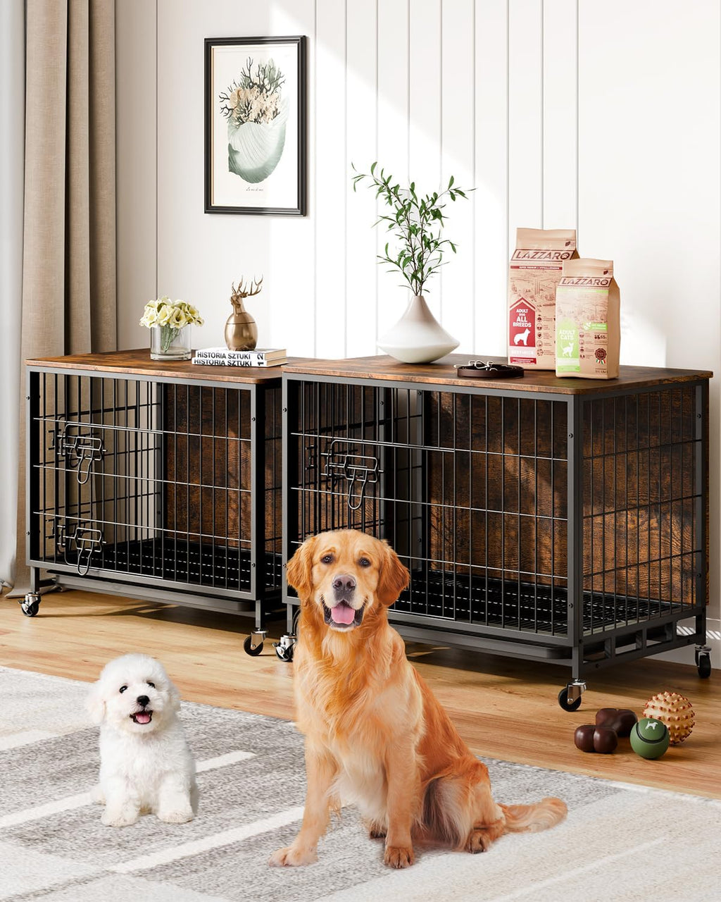 Brown Wooden Dog Crate with Removable Tray and Wheels O879950