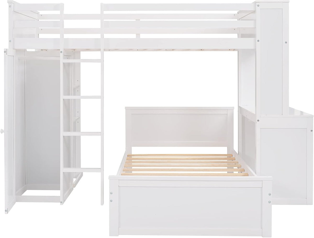 White Twin Wooden Bunk Loft Bed with Shelves Desk and Wardrobe D587