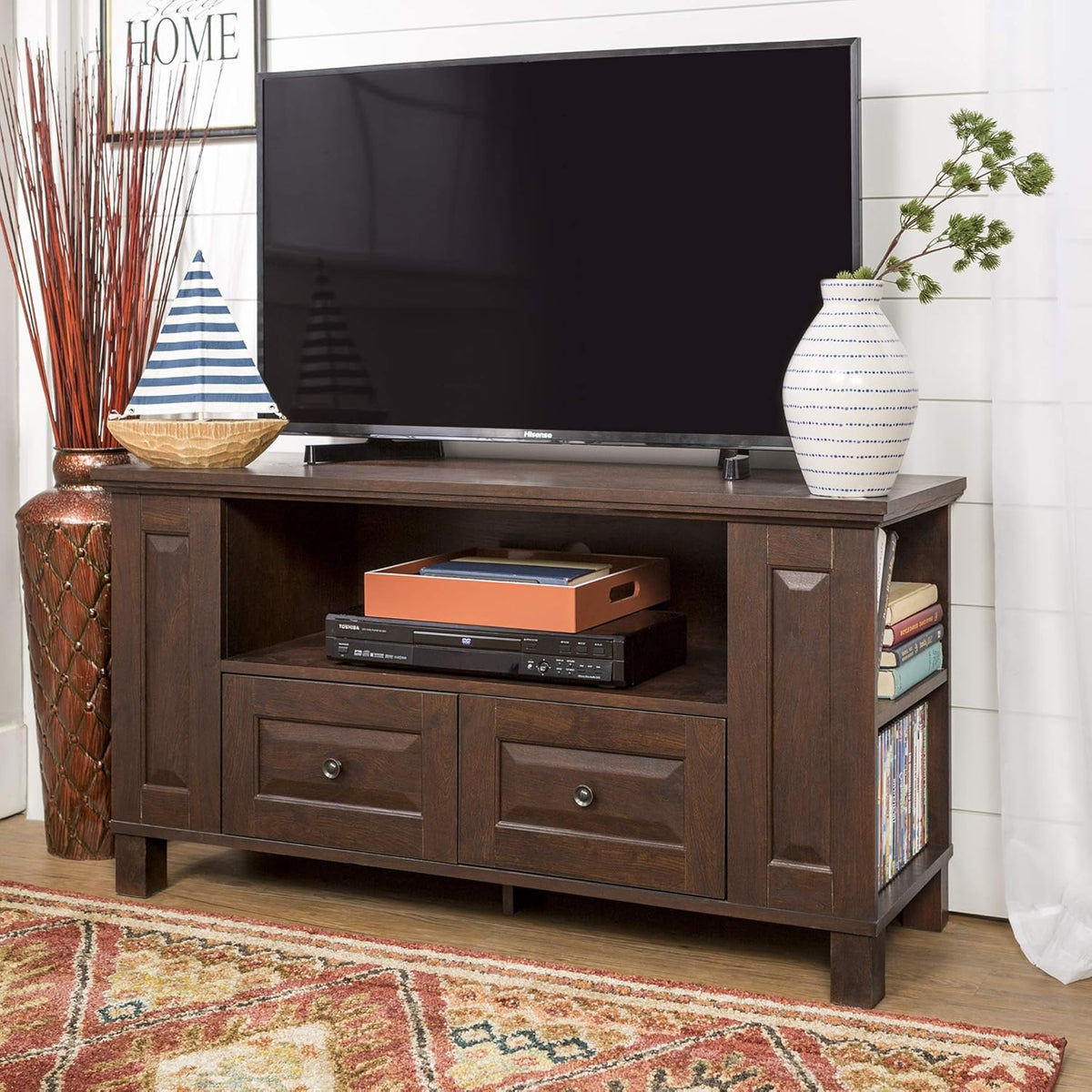 44 Inch Espresso Brown Wood TV Stand with Storage Cabinet O744