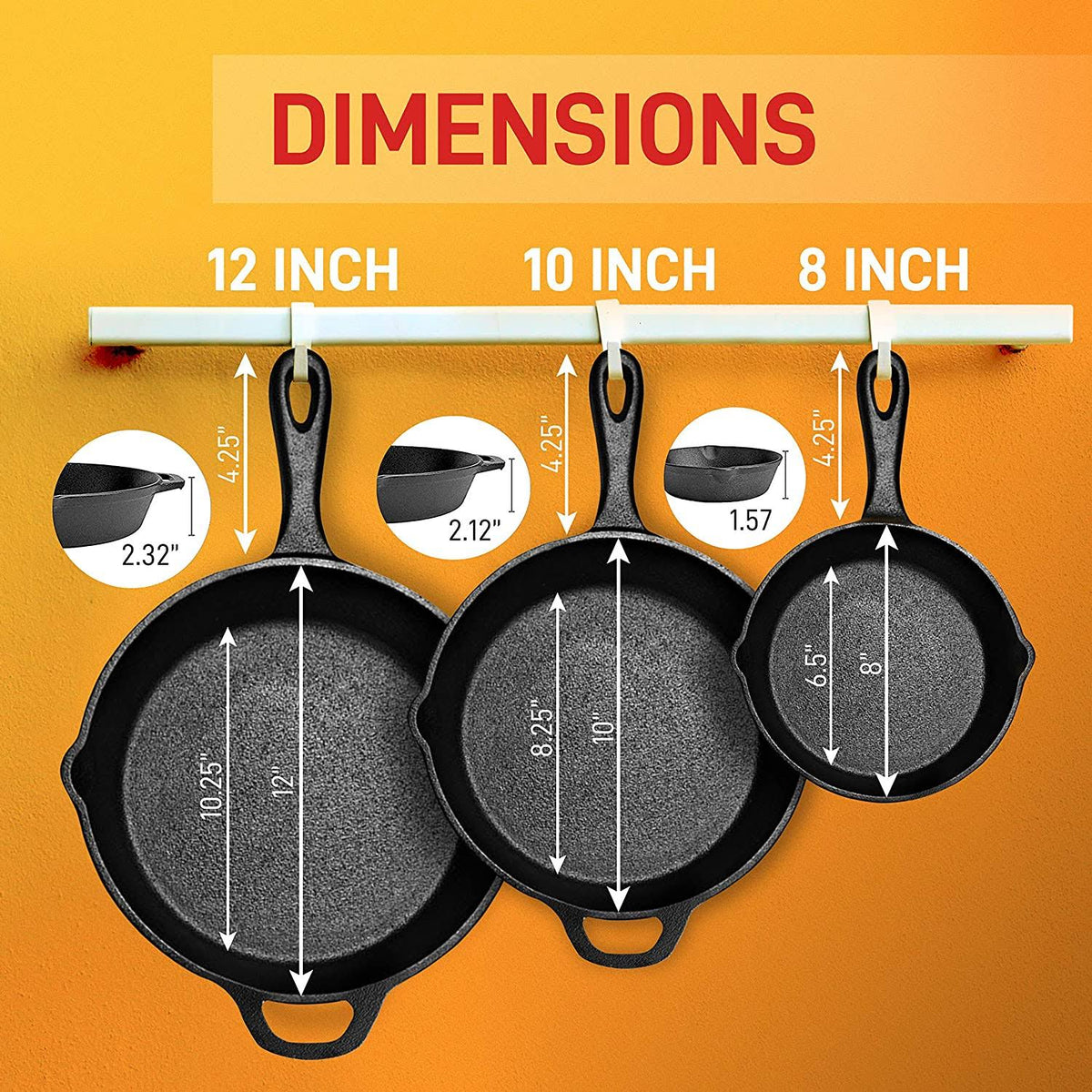 3 Piece Non Stick Cast Iron Skillet Fry Pan Set T854507