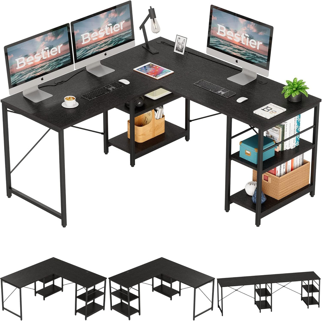 95.2 Inch Reversible L Shaped Desk with Shelves Grey Oak N61178