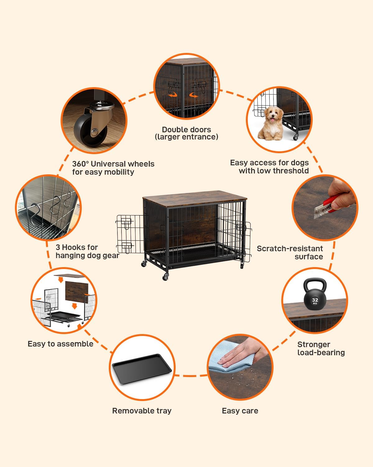 Brown Wooden Dog Crate with Removable Tray and Wheels O879950