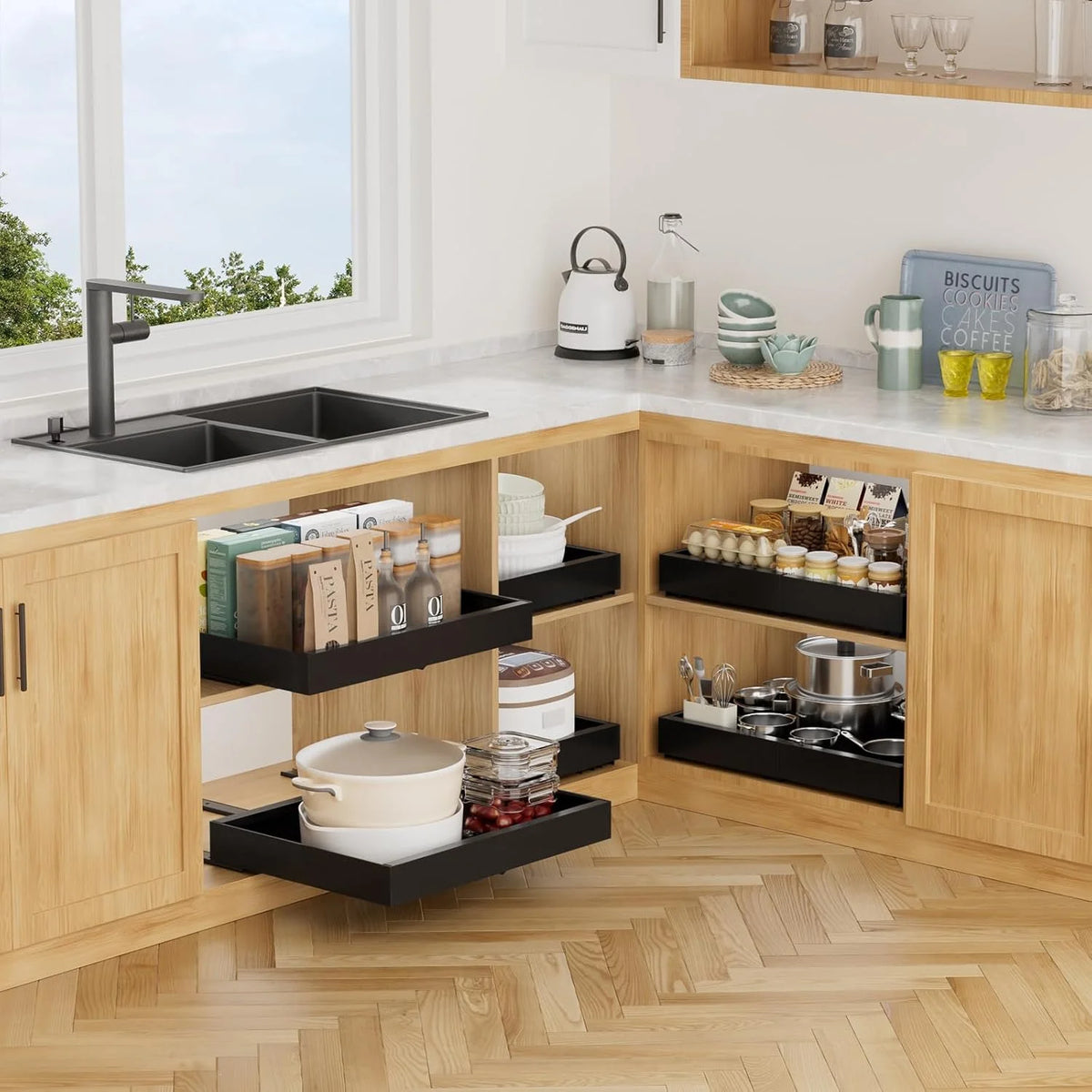 2Pack Expandable Pull Out Cabinet Organizer 21Deep, Adjustable Width 12.2-20.4, Black D571