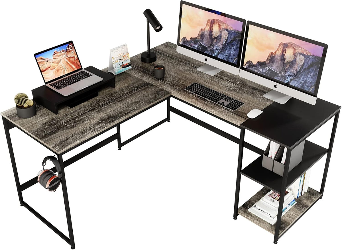 95.2 Inch Reversible L Shaped Desk with Shelves Grey Oak N61178
