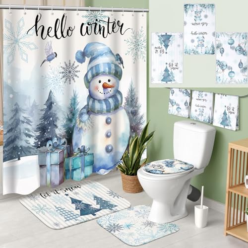 7 Pcs Christmas Shower Curtain Set Non Slip Waterproof Bathroom Accessories L6600