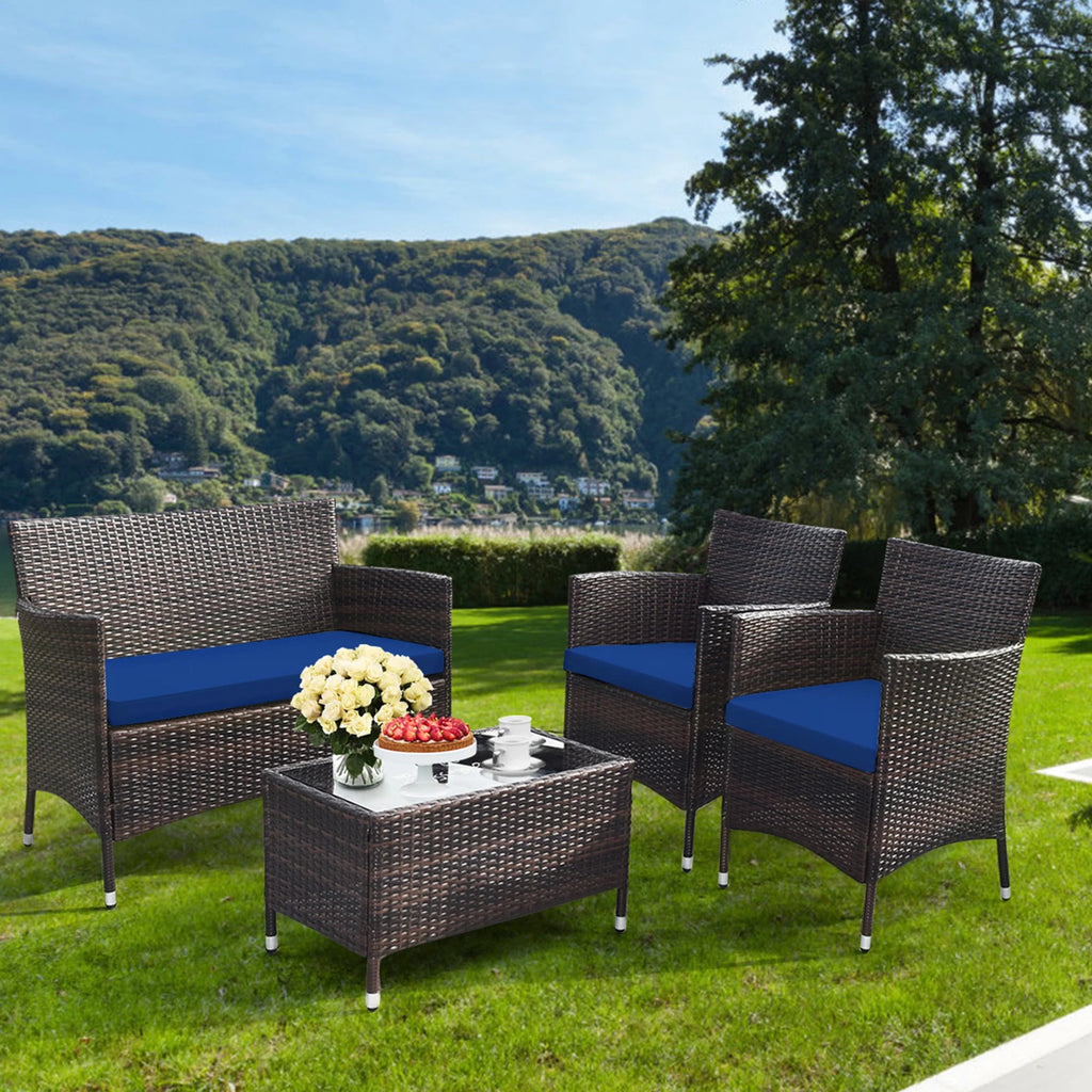 4 Pc Turquoise Cushioned Patio Rattan Conversation Furniture Set M945796