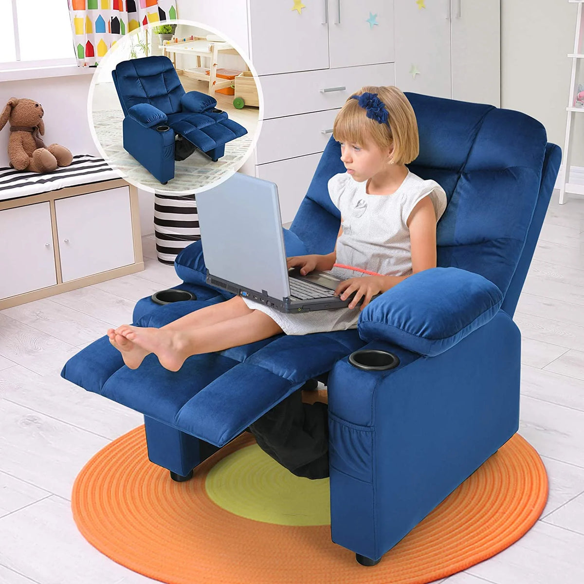 Kids Recliner Chair with Cup Holder Adjustable Velvet Lounge Chair w/Footrest & Side Pockets Ergonomic Toddler Furniture Sofa R8694