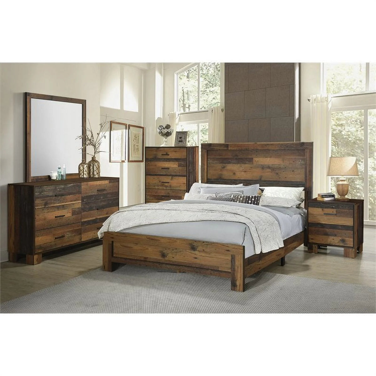 5-piece Eastern King Panel Bedroom Set Rustic Pine I63622